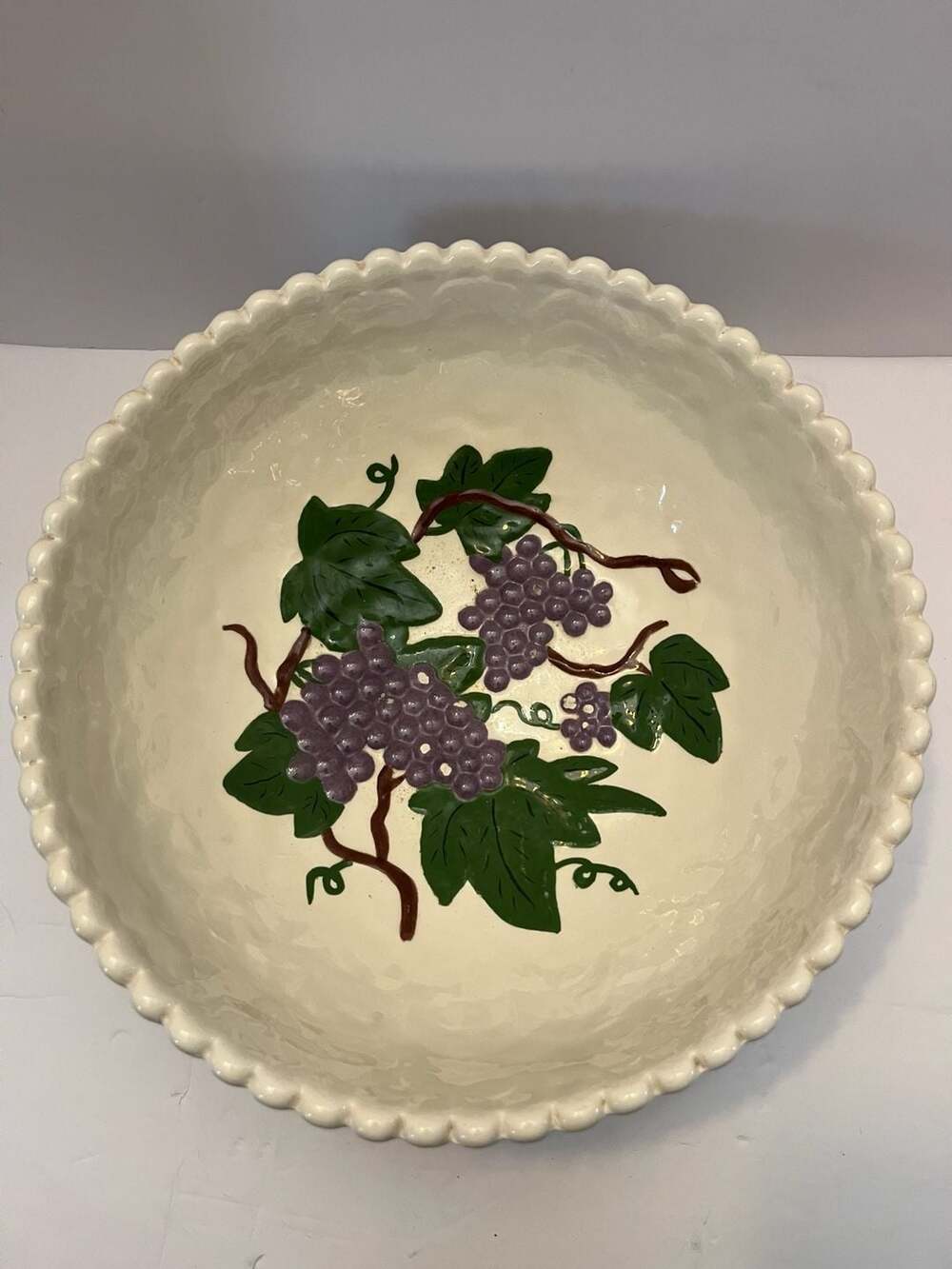 Vintage Ceramic Hand-Painted Grape Vine Serving Bowl with Scalloped Edge